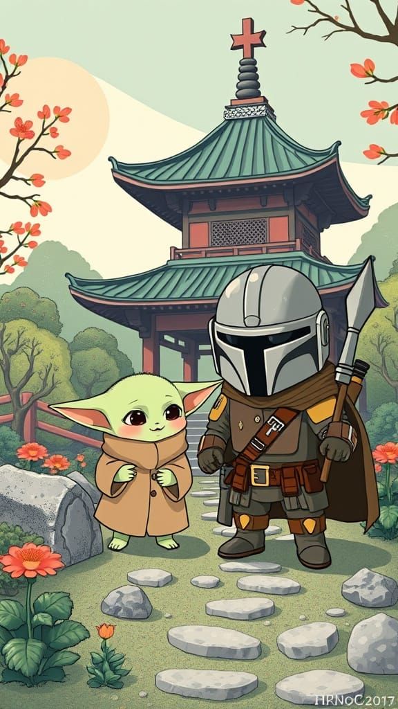 Kawaii Baby Yoda and Mandalorian in Ukiyo-e Zen Garden