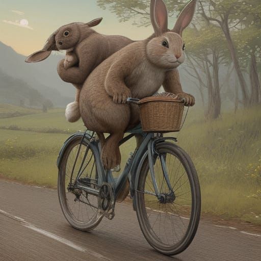 Rabbit on Bicycle Chases Old Woman in Whimsical Style