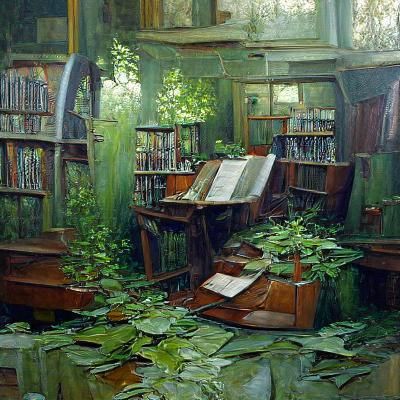 Overgrown Library as Oil Painting