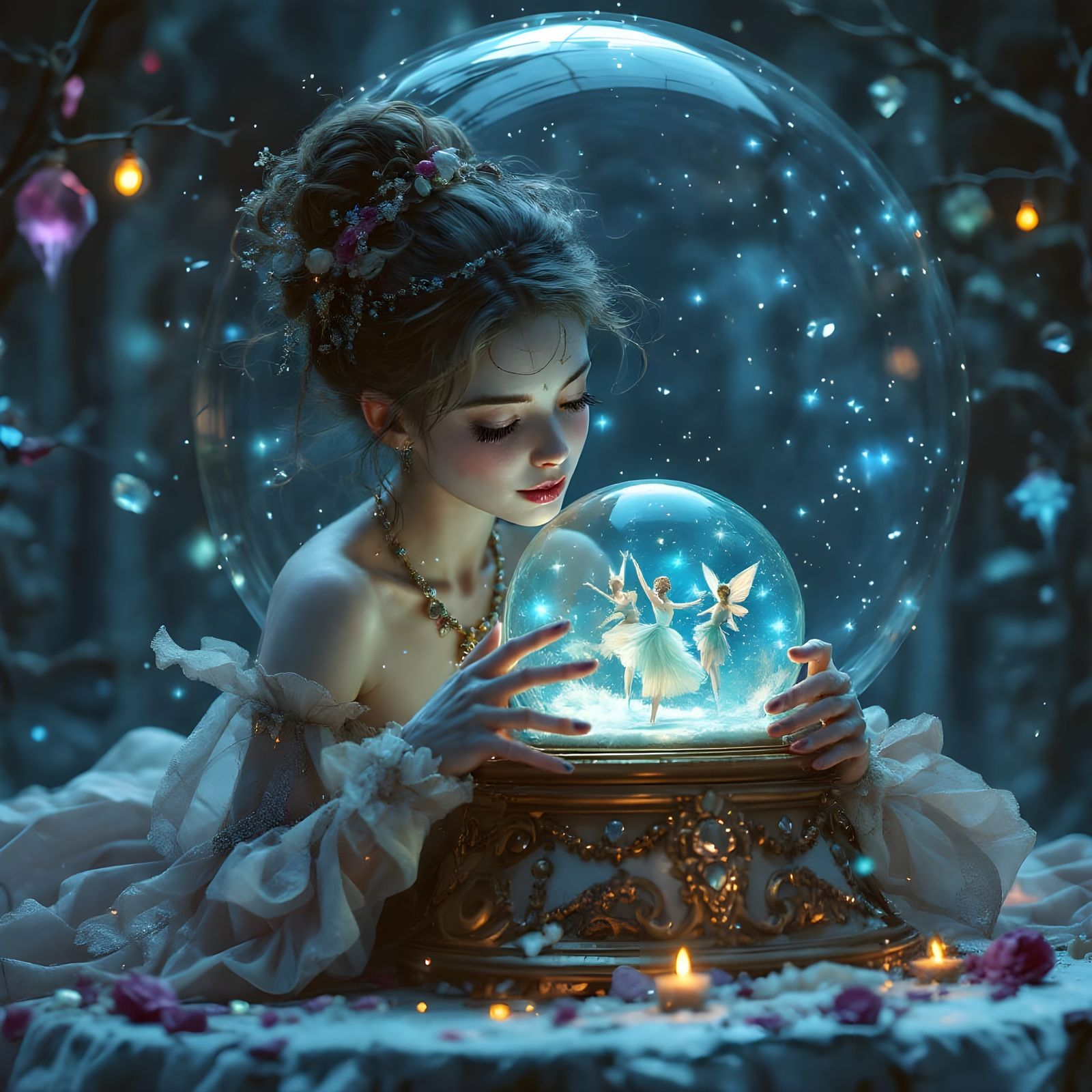 Aging Ballerina Gazes into a Fantastical Snow Globe Stage