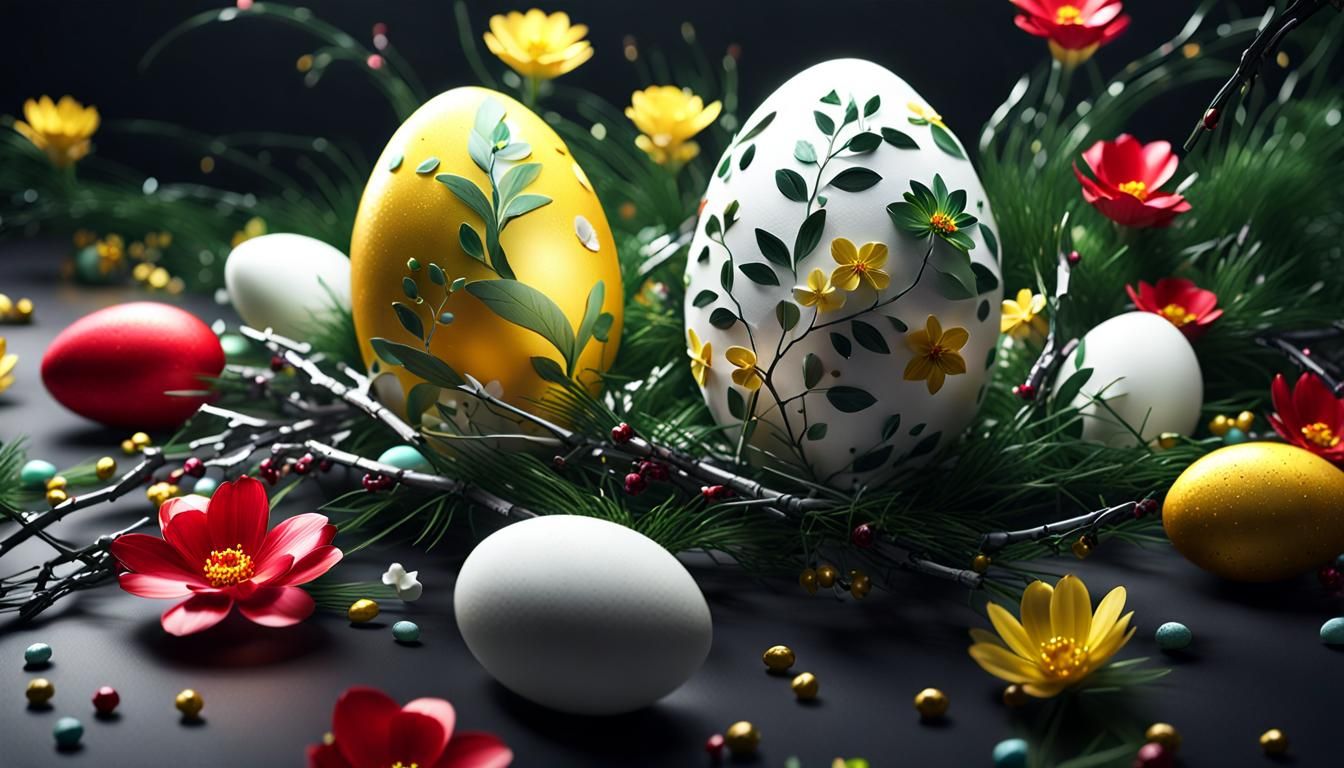Futuristic Easter Greeting with Decorated Eggs