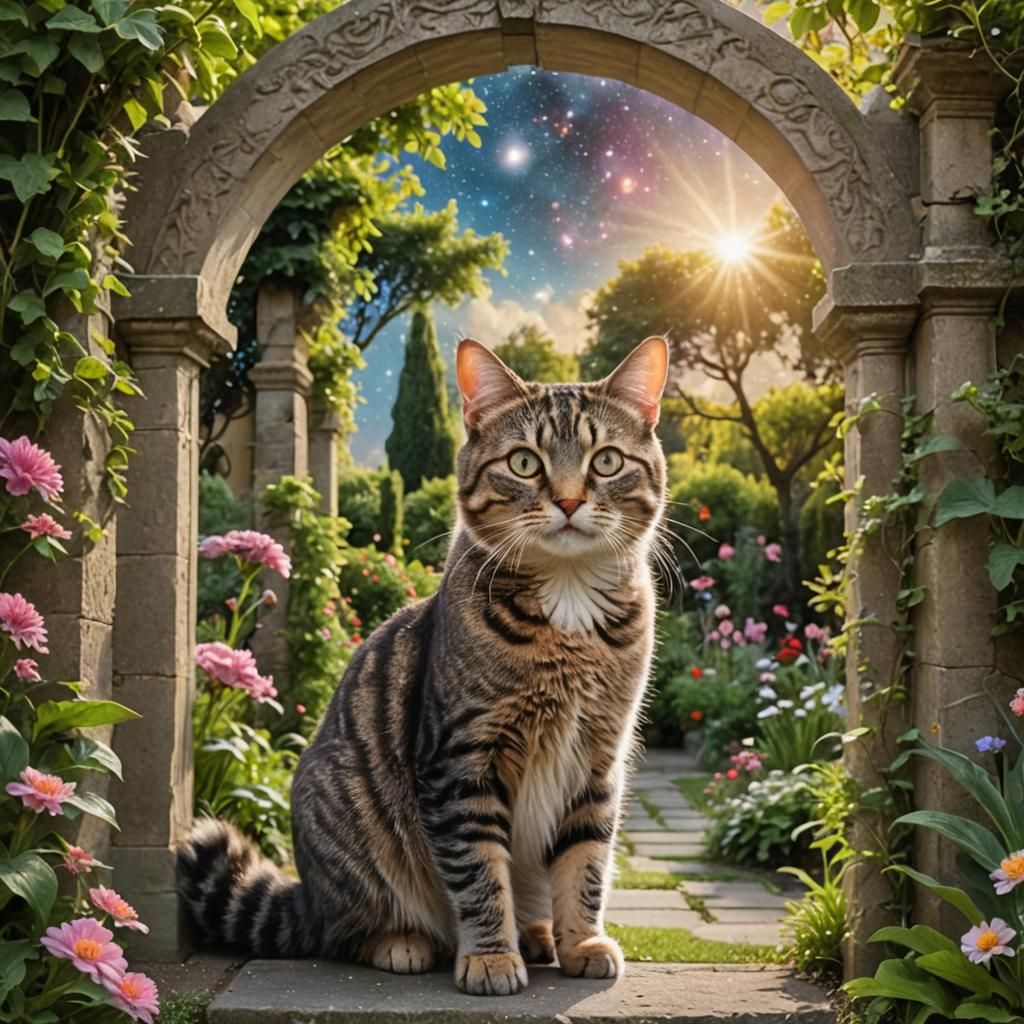Tabby Cat Gazing Through Celestial Garden Gateway