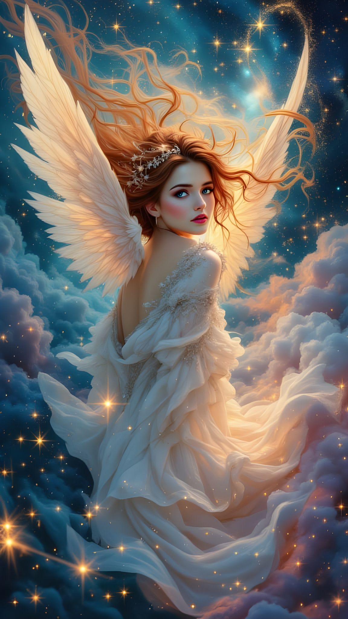 Angelic Being with Stardust Wings in Cosmic Nebula