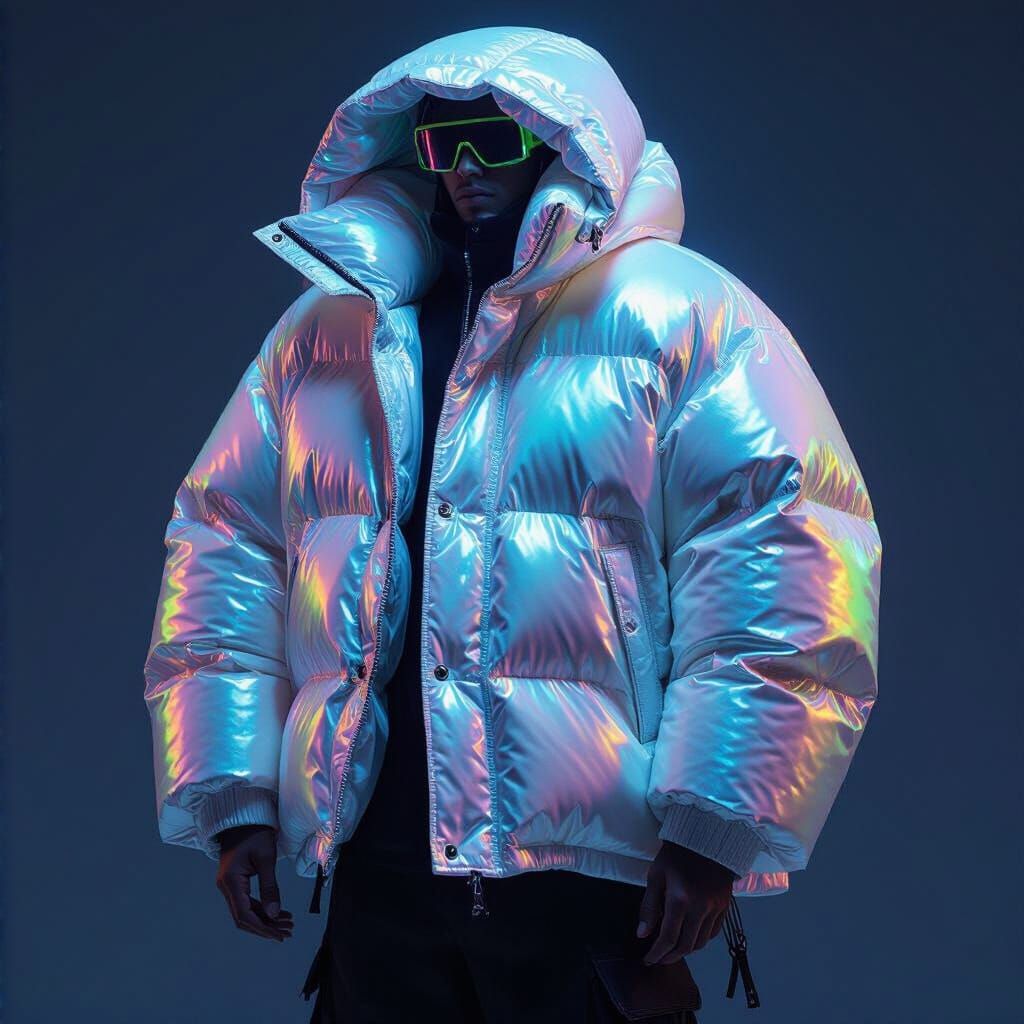 Bioluminescent Puffer Jacket in Cyberpunk Urban Style