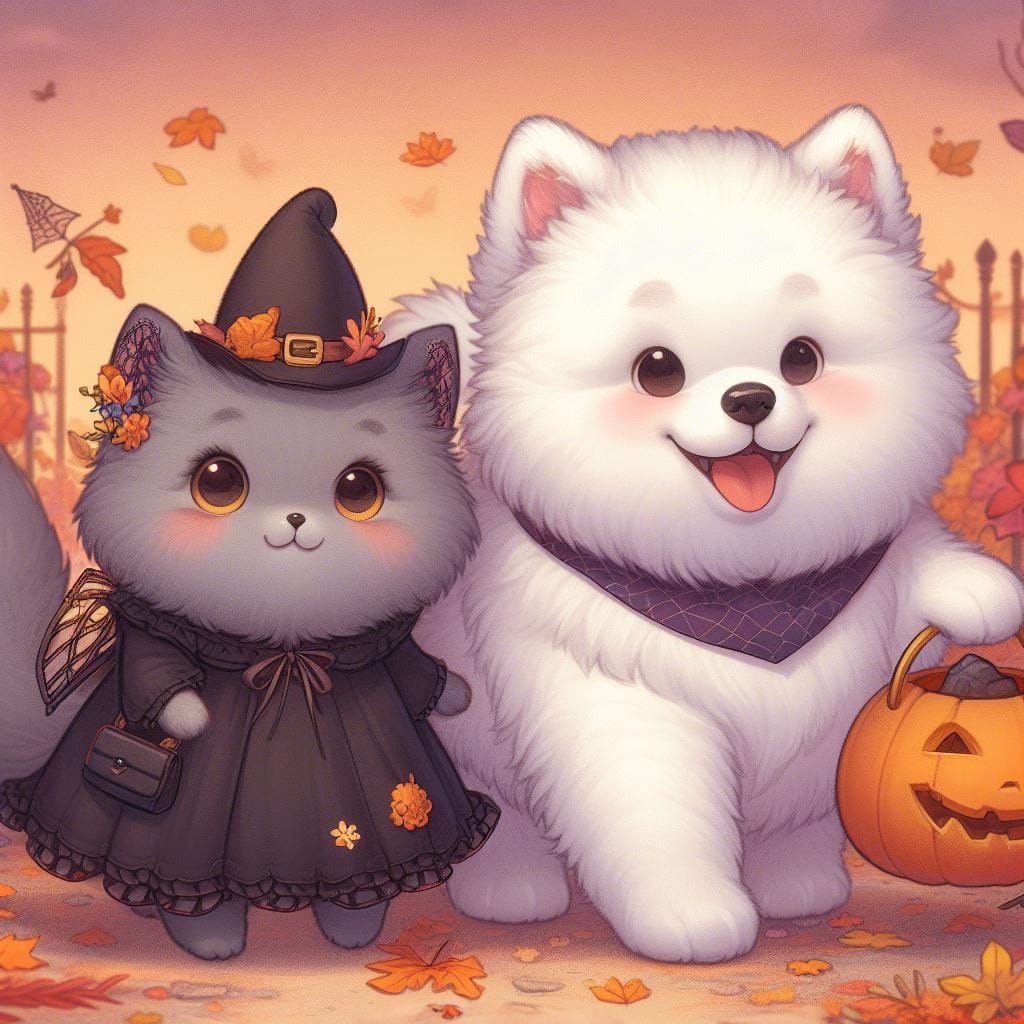 Adorable Samoyed Puppy and Kitty Trick-or-Treating
