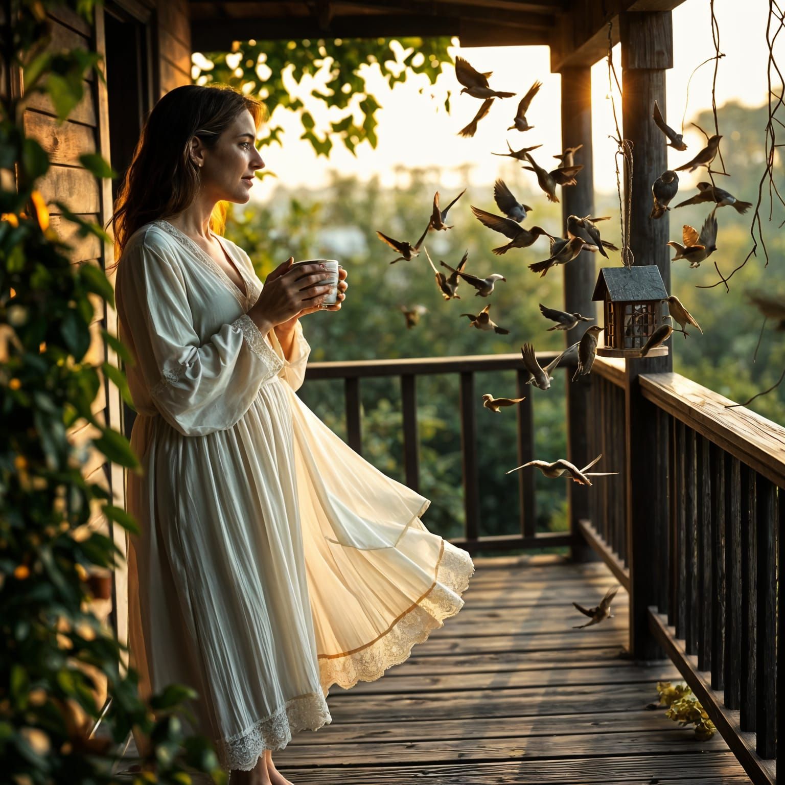 Woman Watches Birds Enjoy Her Feeder in a Dramatic Morning S...