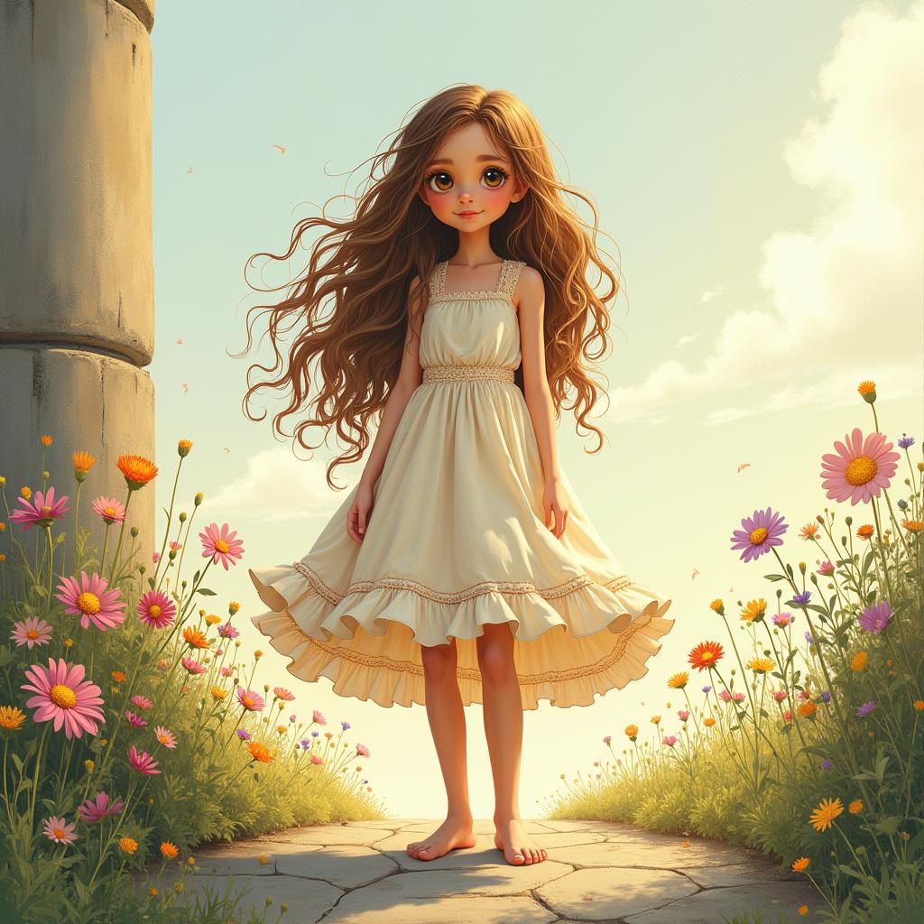 Girl on Weathered Stone in Whimsical Pastel Style