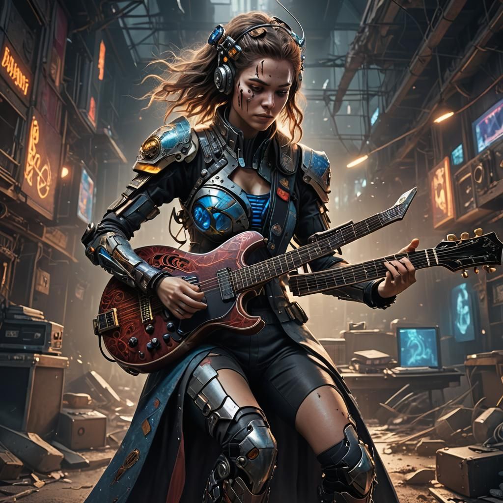 Cyborg Woman Plays Guitar: Detailed Digital Art