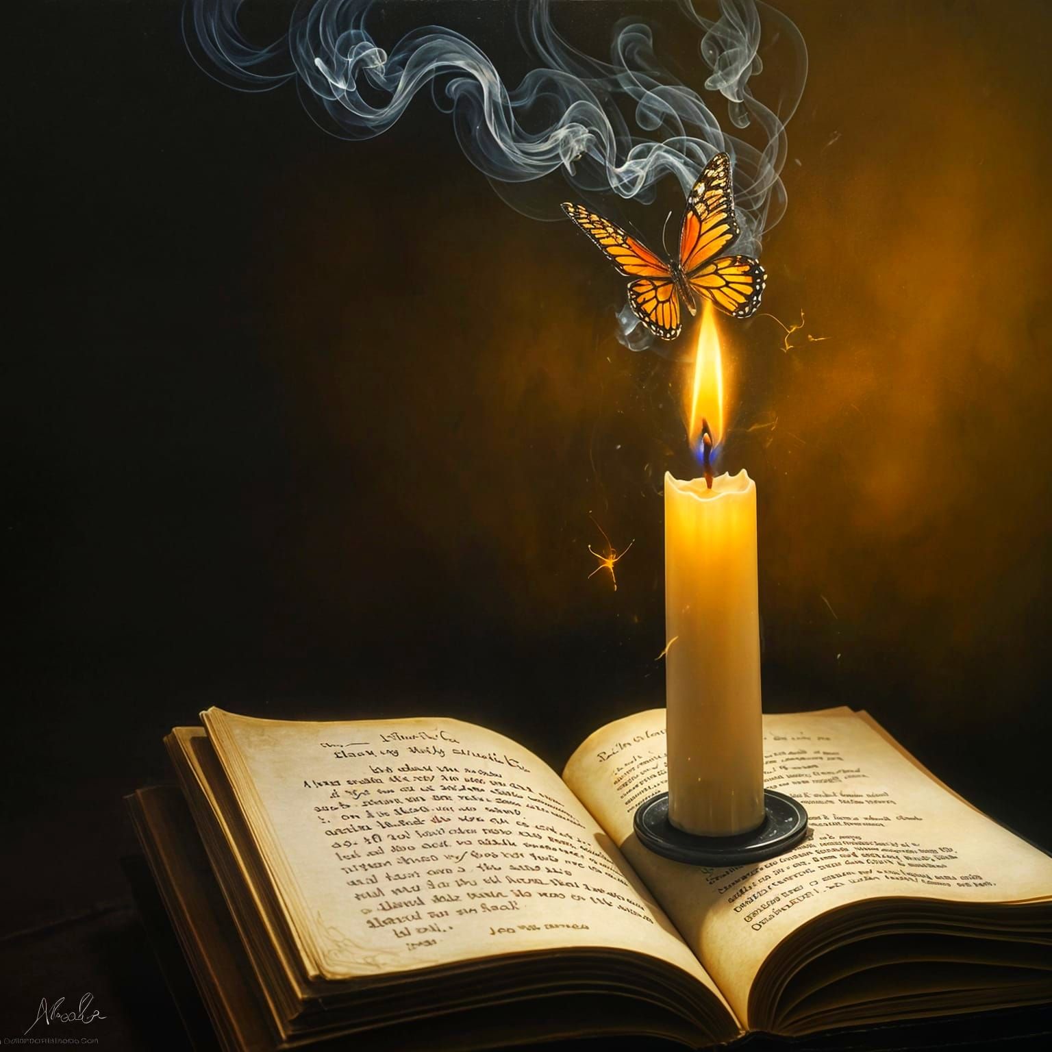Butterflies Emerge from Candle Flame in Oil Painting Style