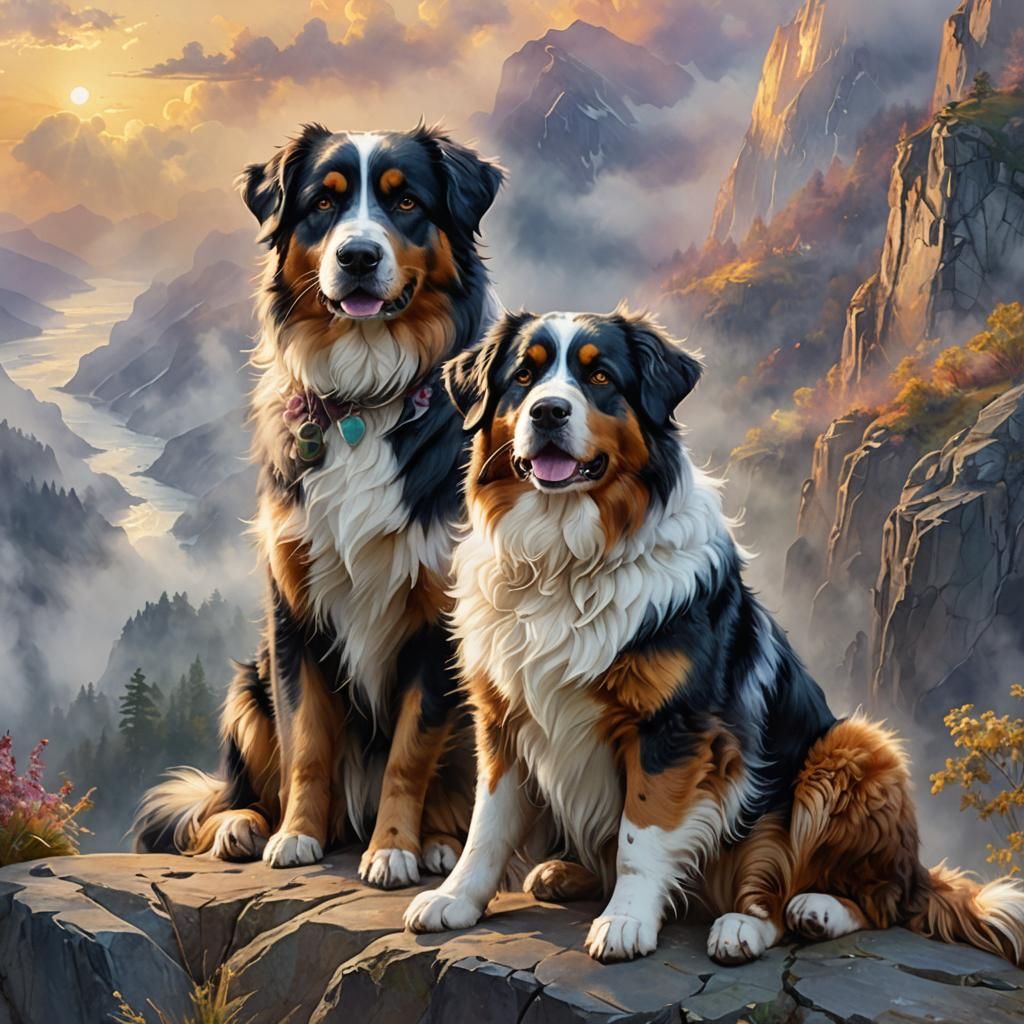 Dogs on Cliff Edge in Ethereal Digital Art