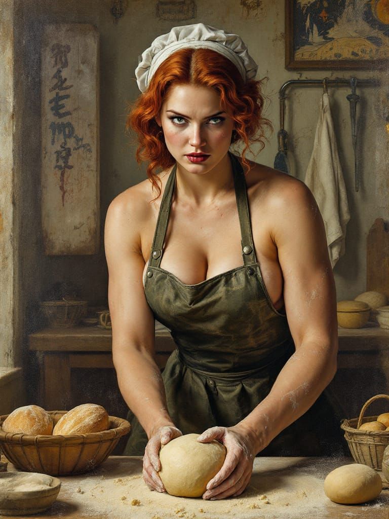 Redhead Baker Kneading Dough in Rustic Kitchen