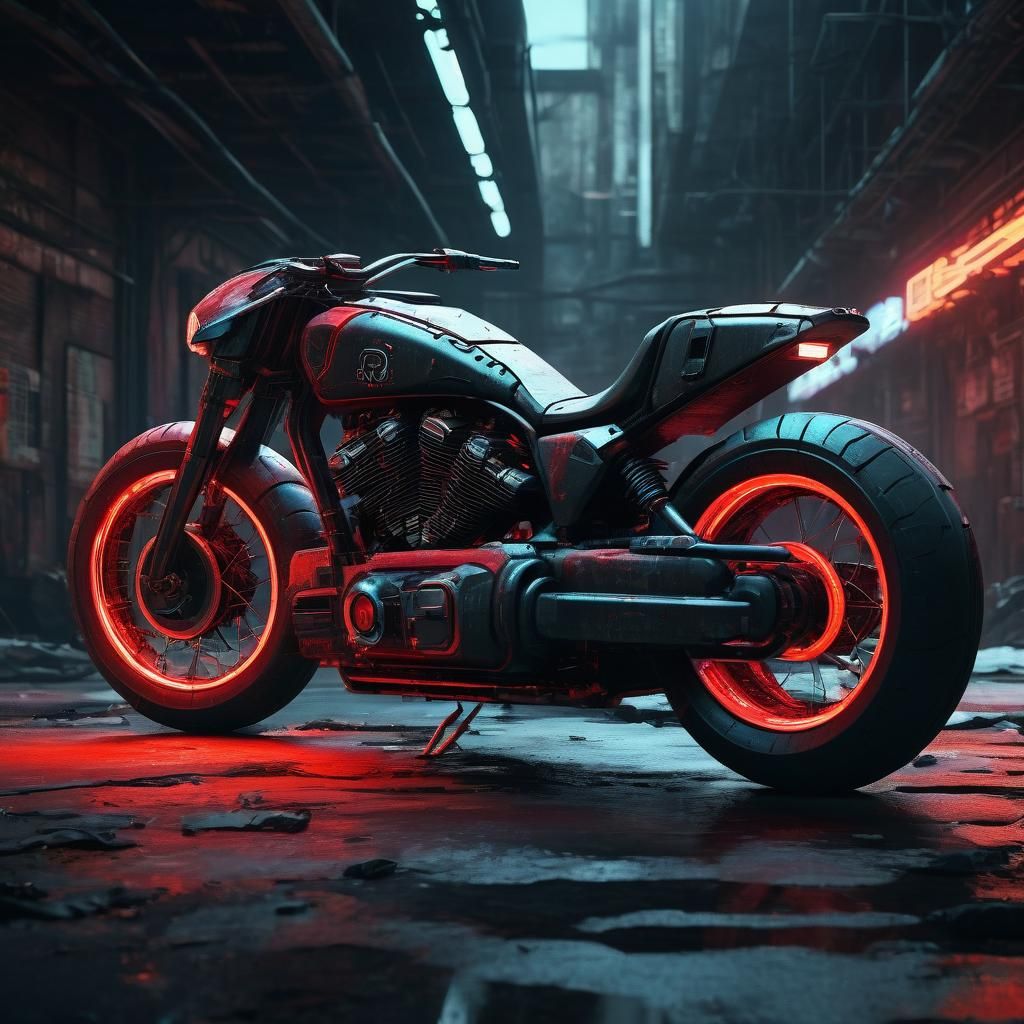 Futuristic Motorcycle in Neon Dystopian Cityscape