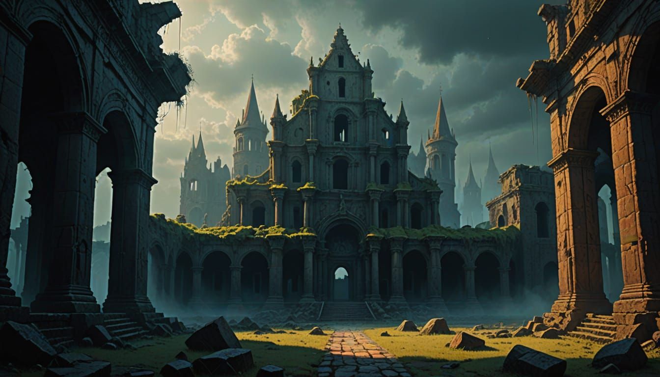 Hyperbolic Ancient Ruins in Ethereal Fog