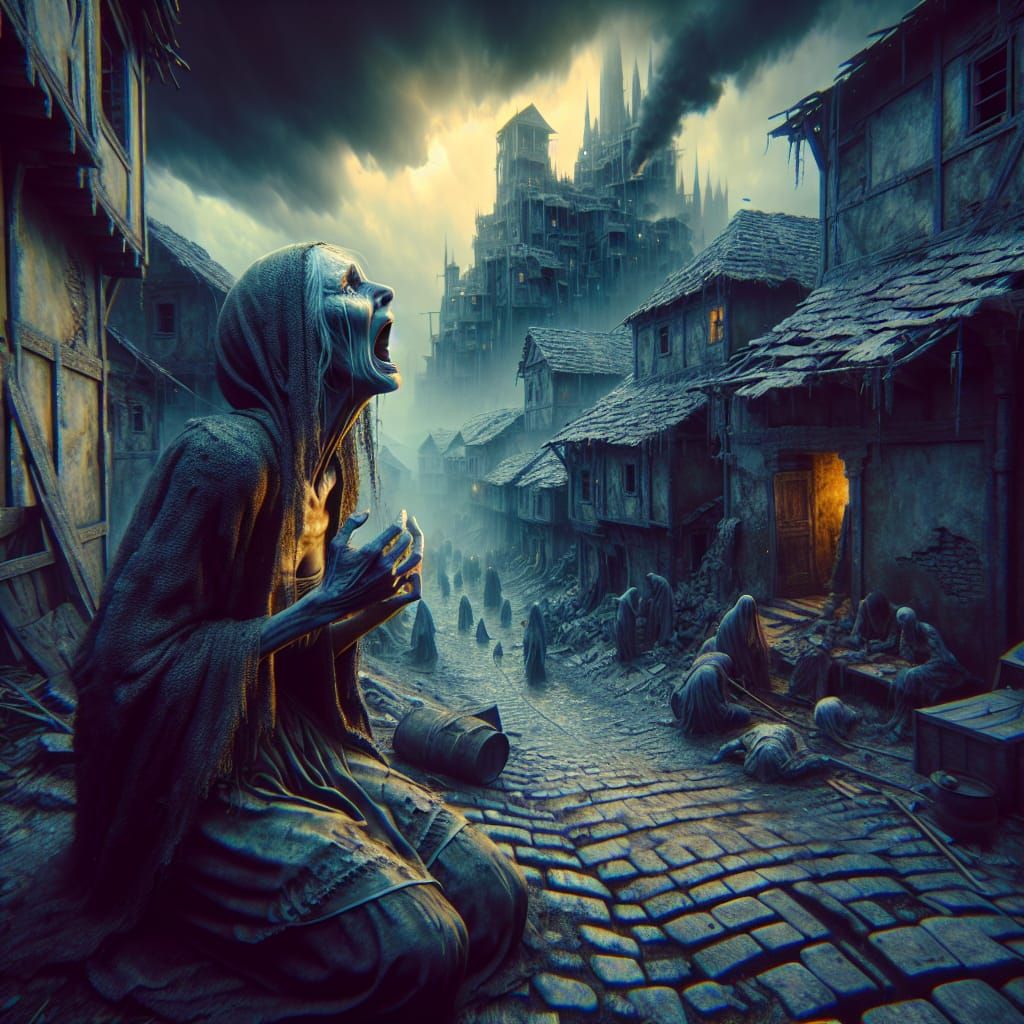 Desperate Woman in Earthquake Ravaged Village: Matte Paintin...