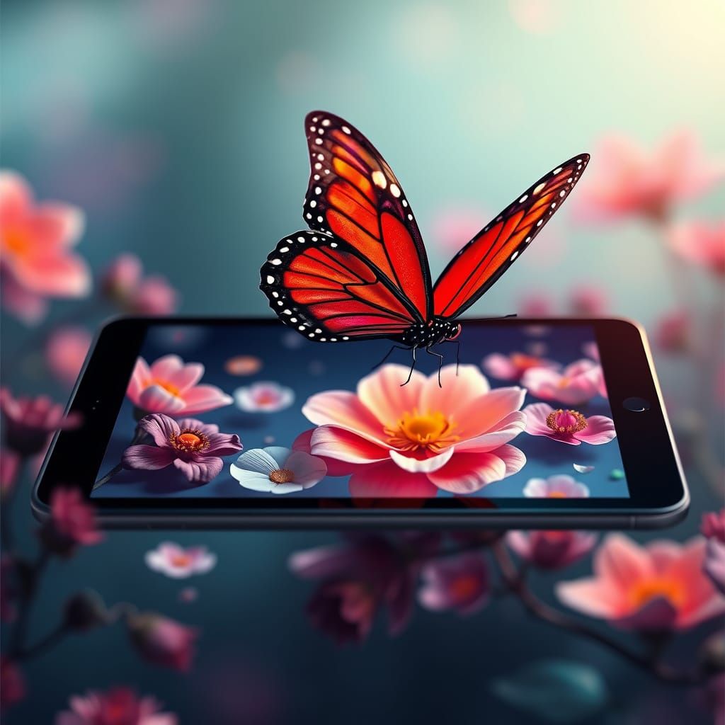 Butterfly Lands on Tablet Displaying Flowers