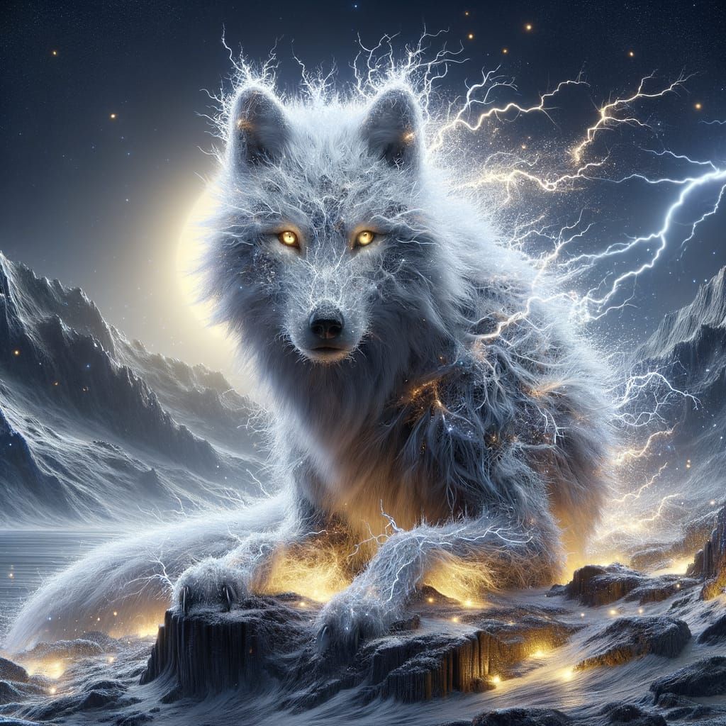 Electric Wolf Hunts Under Lightning Sky