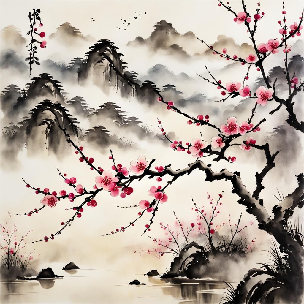Muted Ink Plum Blossoms in Morning Light