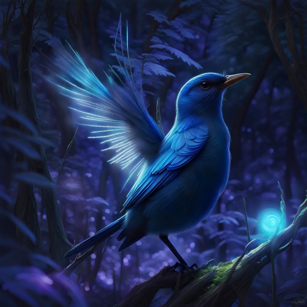 Bluebird on Mystical Staff in Fantasy Digital Art