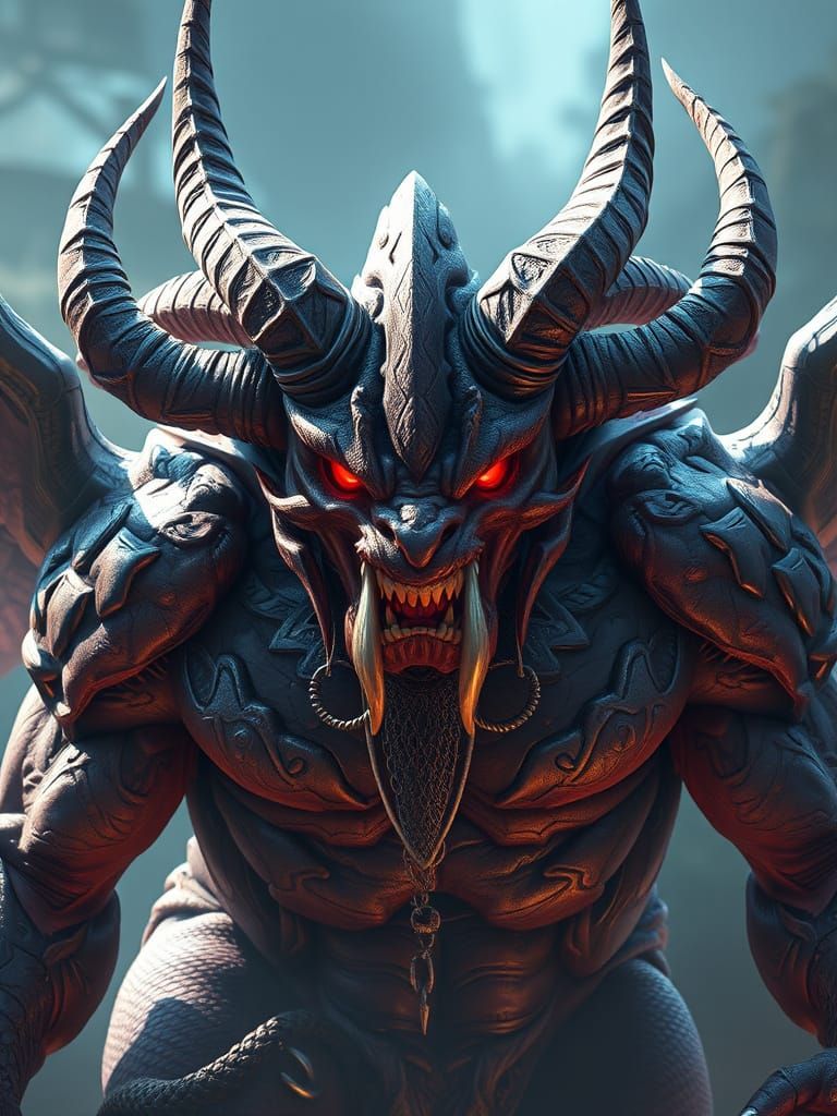 Majestic Demon with Multiple Horns in Detailed Anime Style