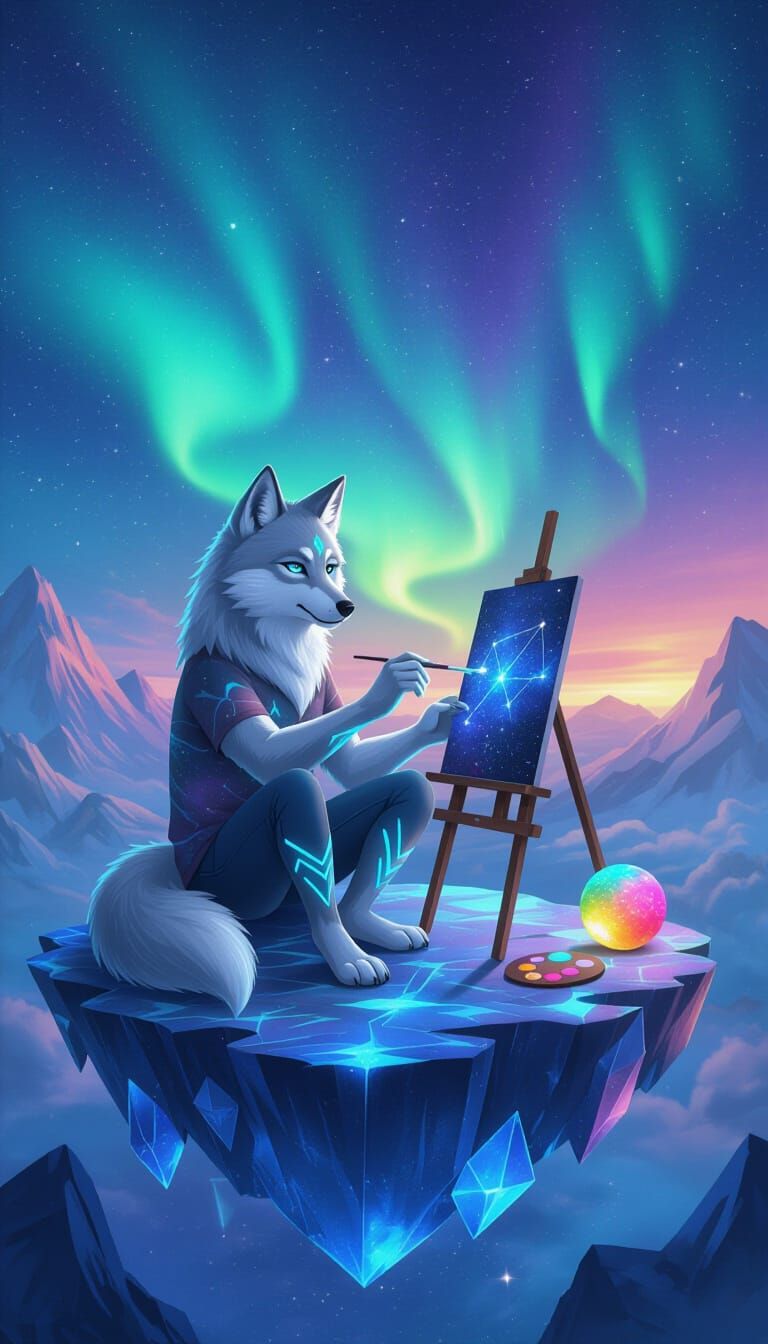 Anthropomorphic Wolf Artist Paints Constellations on Crystal...