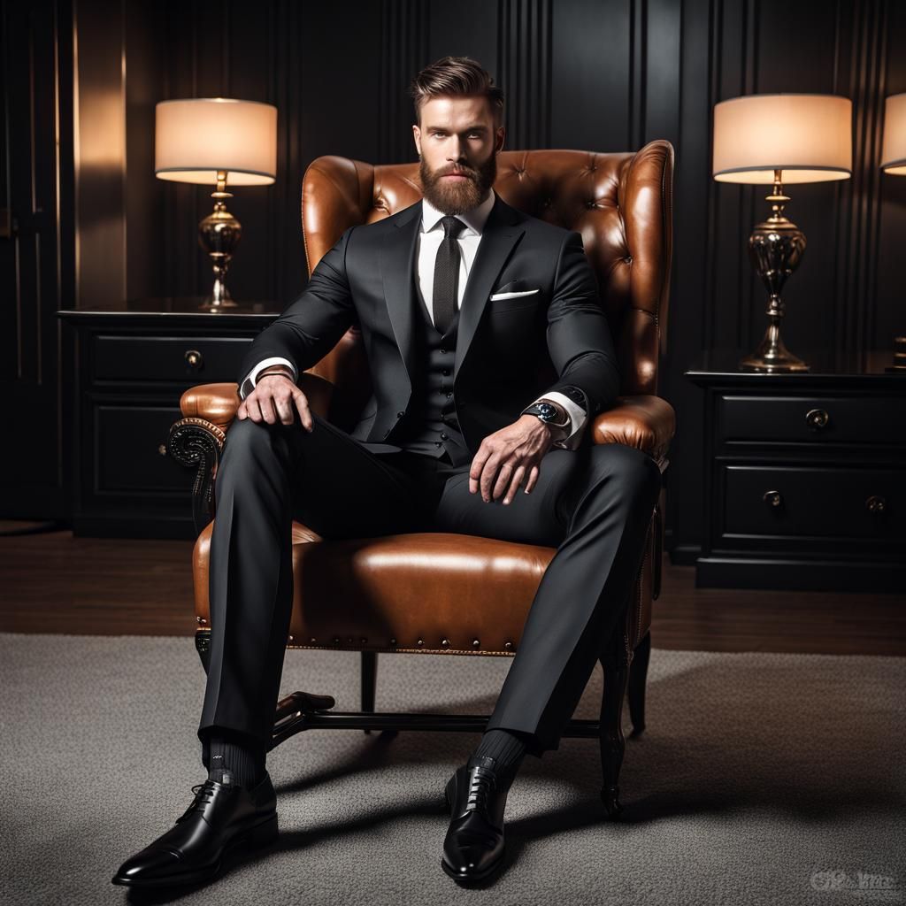 Muscular Man in Black Suit with Determined Expression