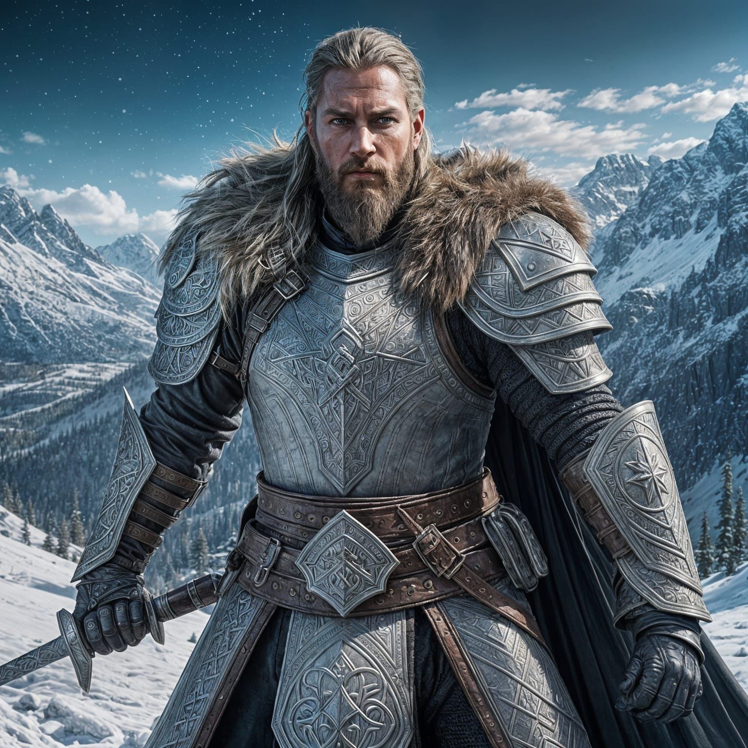 Epic Viking Templar Warrior in Winter Landscape