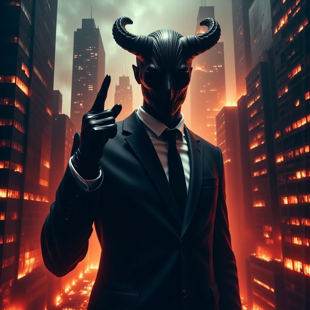 Confident Rebel in Dystopian Cityscape with Horned Mask