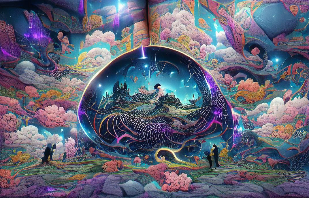 Psychedelic Fantasy Dreamscape in Kinetic Pointillism Style