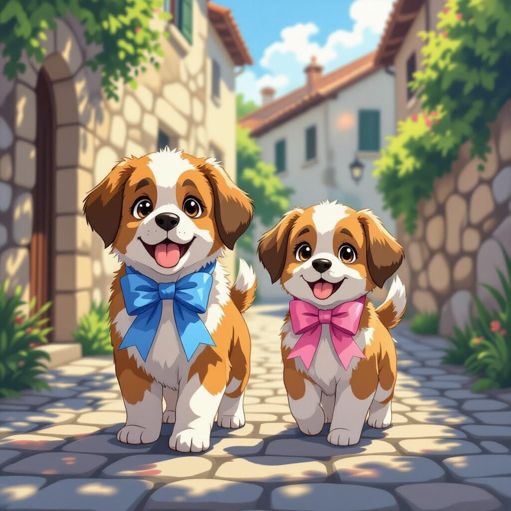 Cute St. Bernard Puppies in Studio Trigger Anime Style