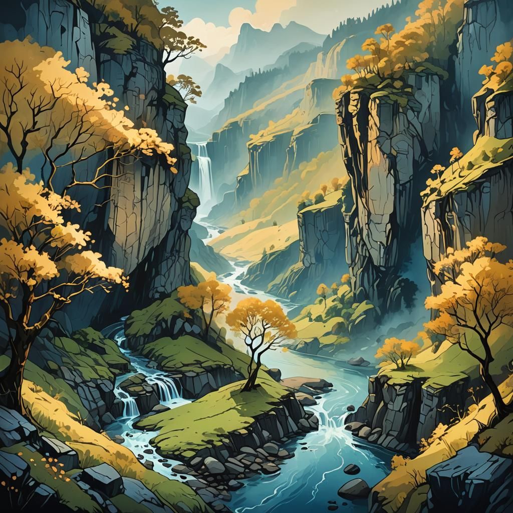 Mystical River Valley Landscape in Painterly Style