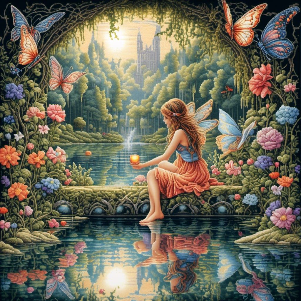 Cross Stitch Fairy and Butterfly by Reflection Pond