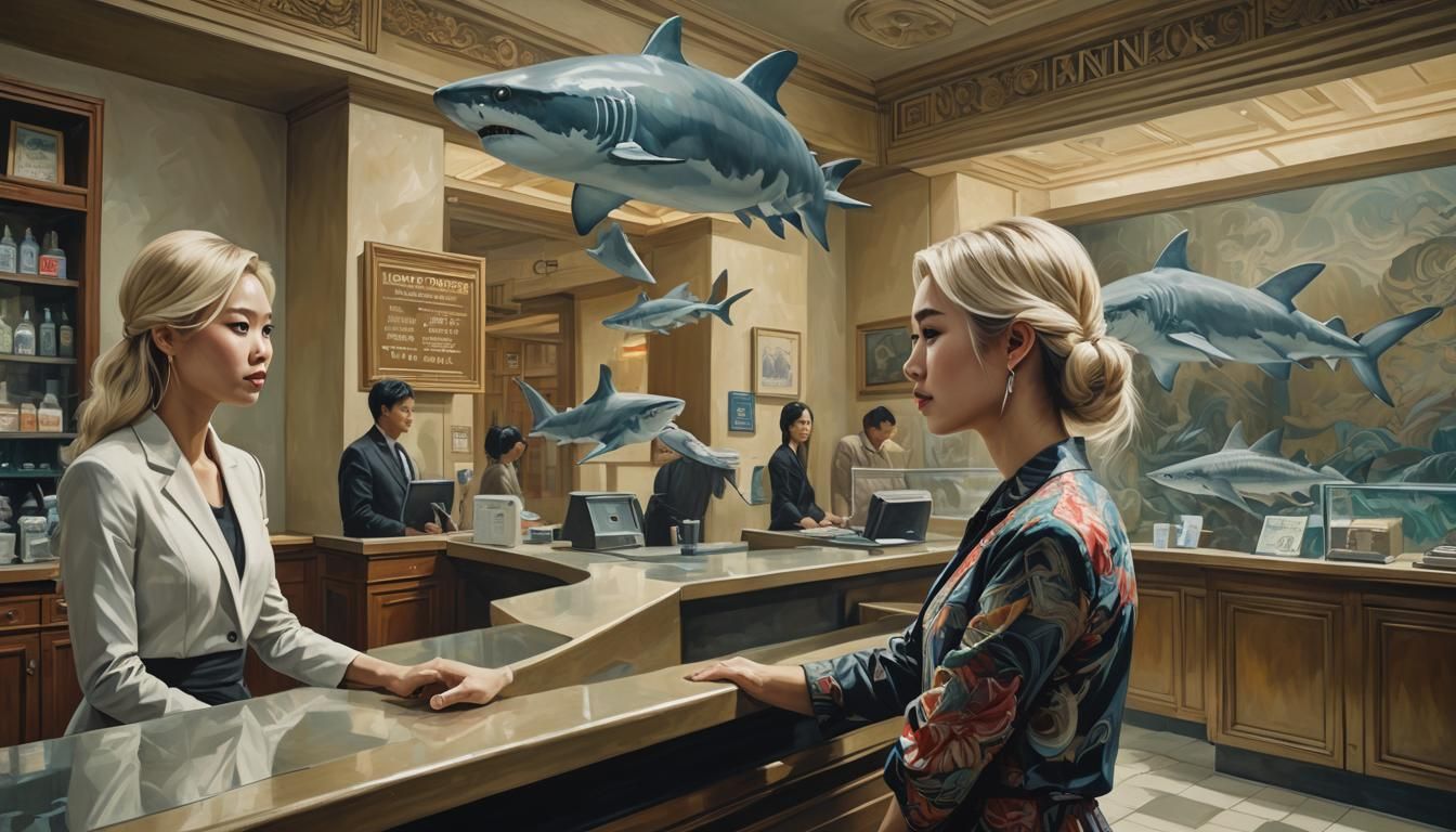 Surreal Bank Encounter with Shark Clerk