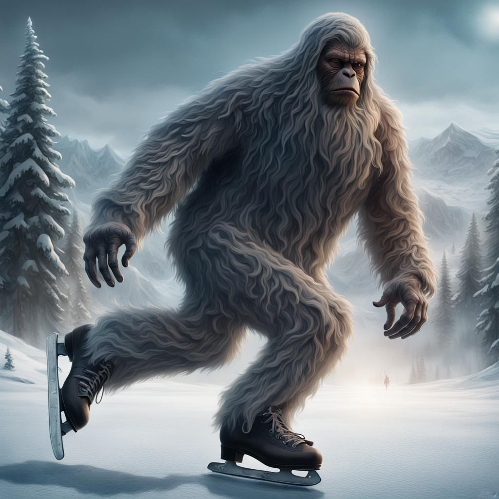 Sasquatch Ice Skating in Winter Landscape