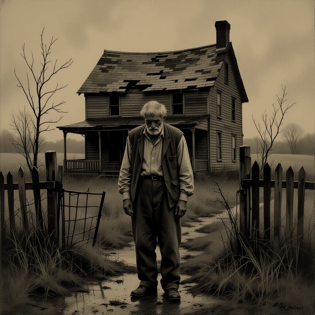 Old Man Views Crumbling Childhood Home in Rain