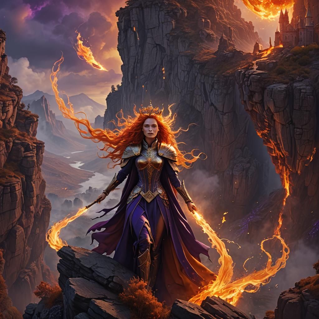 Fiery Queen on Mystical Cliff: Digital Art
