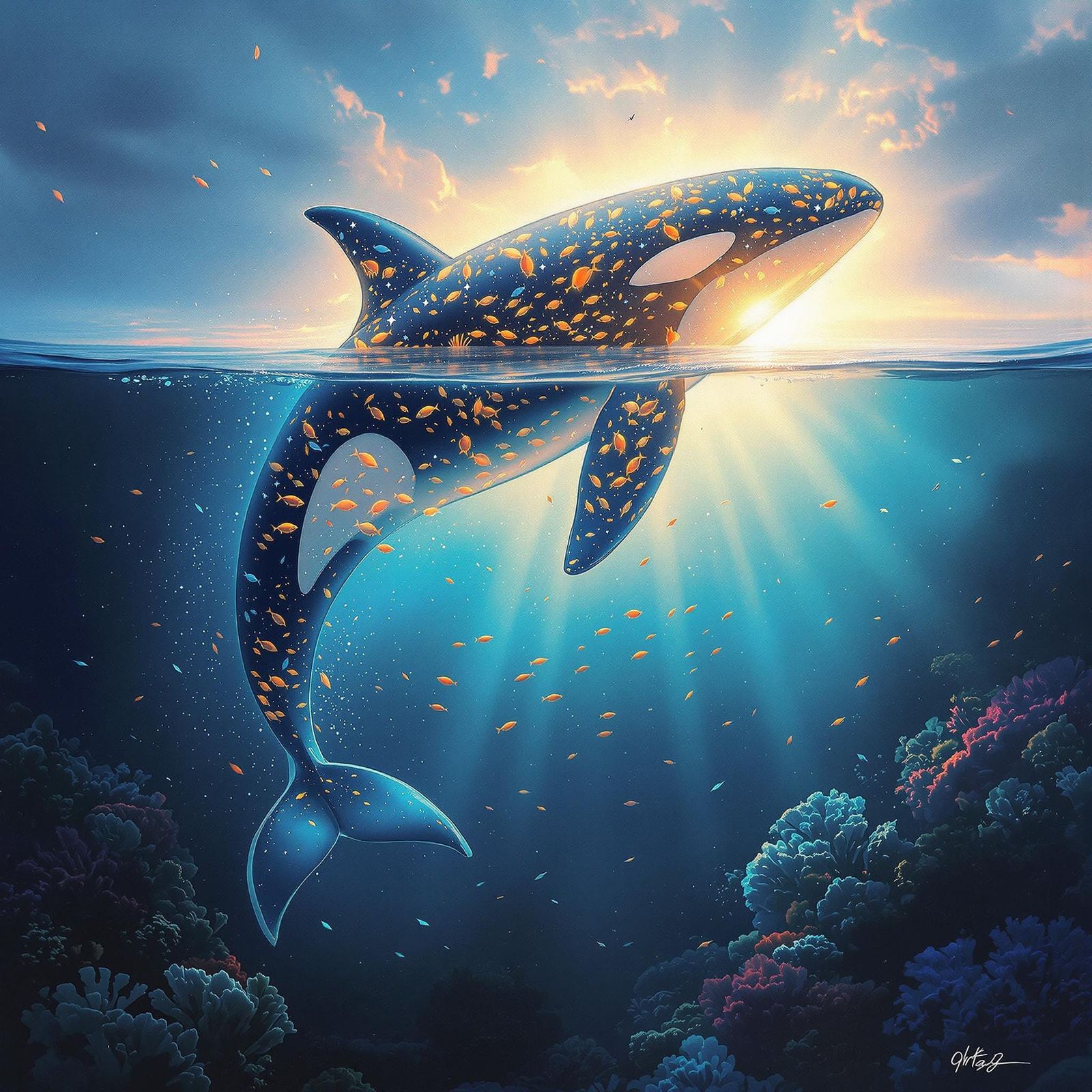 Ethereal Orca Whale in Dreamlike Oceanic Scene
