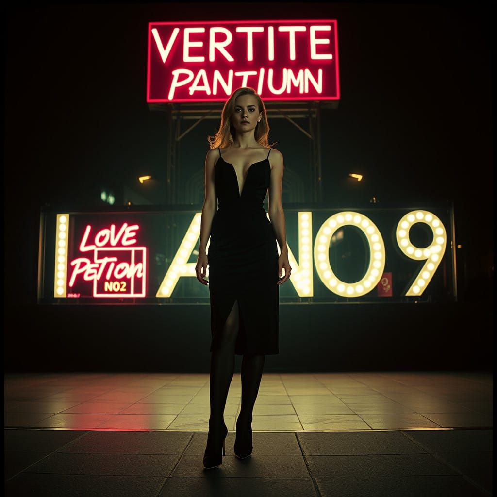 Elle Fanning, parfume commercial, Black dress, black pantyhose, high heels, Night, Parfume signs with the text Love Poti...