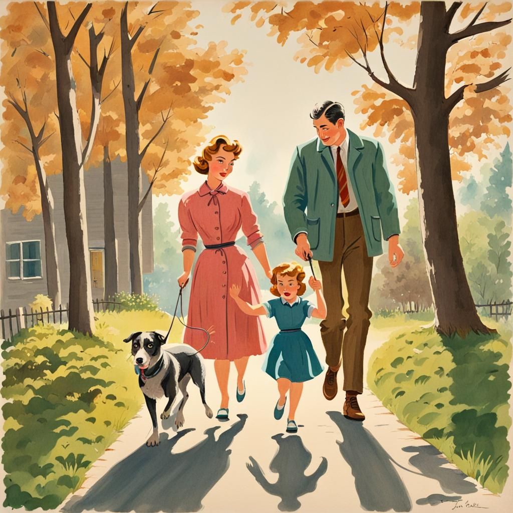 A 1950s family walk with the dog.