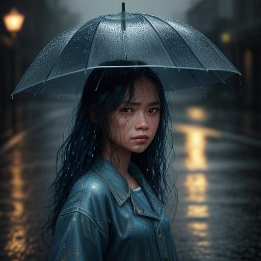 Girl Dancing in Moody Blue Rain: Realistic Painting