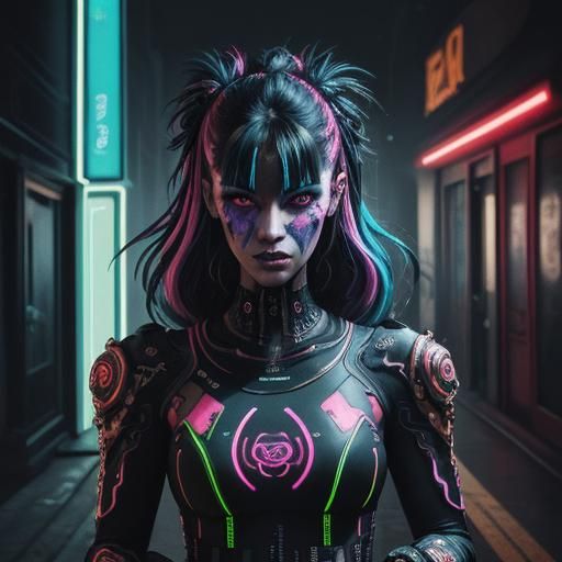 A dystopian baroque painting with futuristic digital element...