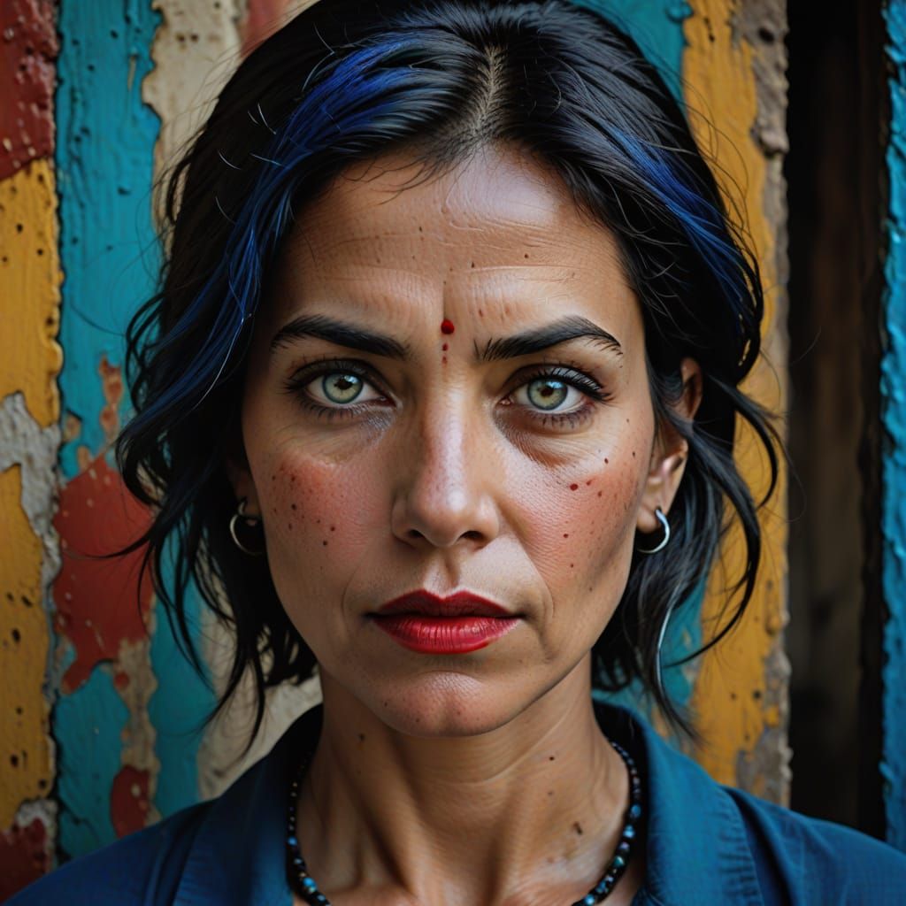 Elegant Woman with Vibrant Hair and Piercing Gaze