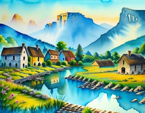 Rustic Village in Watercolor Painting