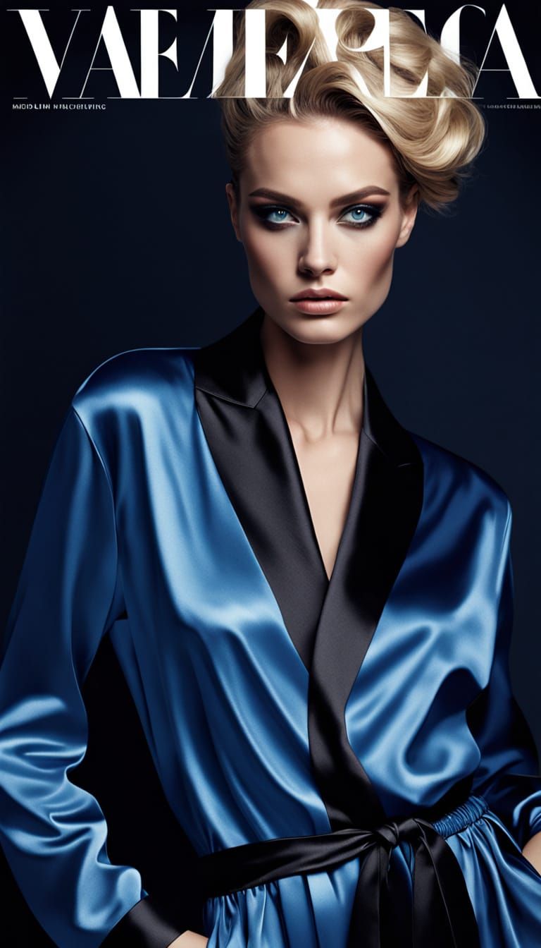 Blonde Woman in Blue Pajamas, Intense Gaze, High Fashion Edi...