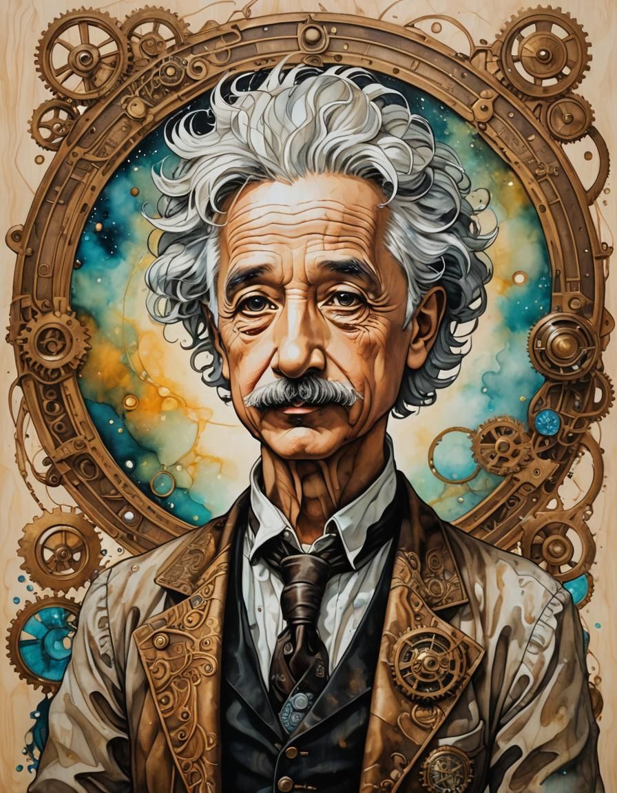 Einstein in Steampunk Outfit, Alcohol Ink Portrait