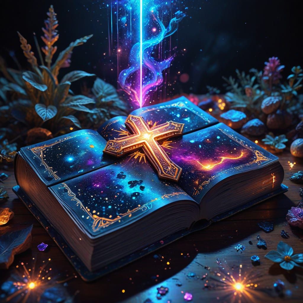 Giant Bible House Illuminated by Glowing Cross