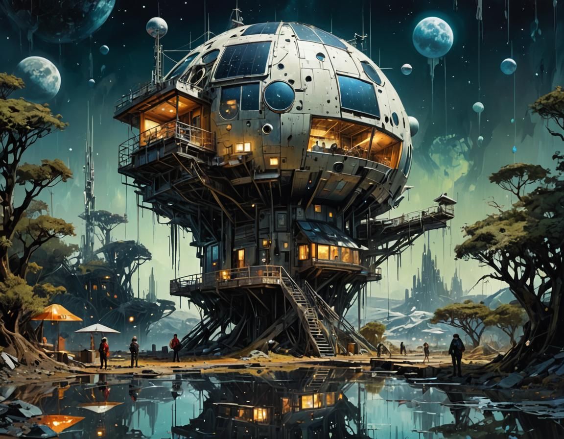 Futuristic Solarpunk Treehouse on Lunar Surface