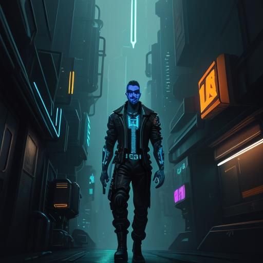Glowing Blue Energy Bolt Erupts from Cyberpunk Warrior's Han...
