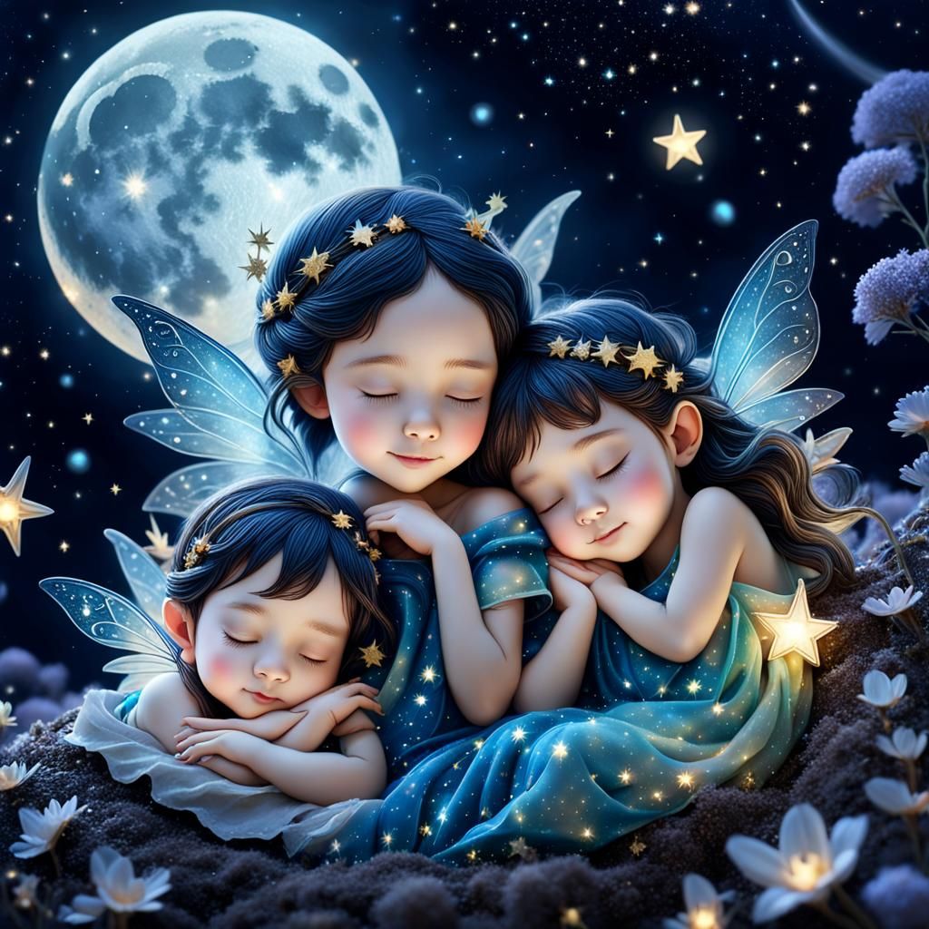 Fairies Sleeping on a Bioluminescent Moon in Galaxy