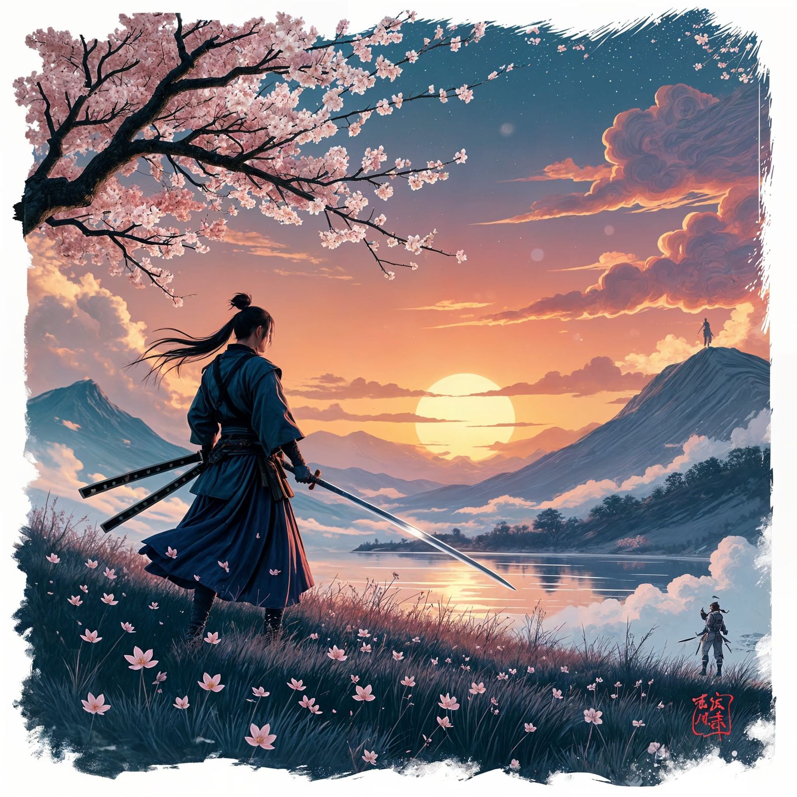 Samurai Warrior on Dusk Battlefield with Glowing Katana