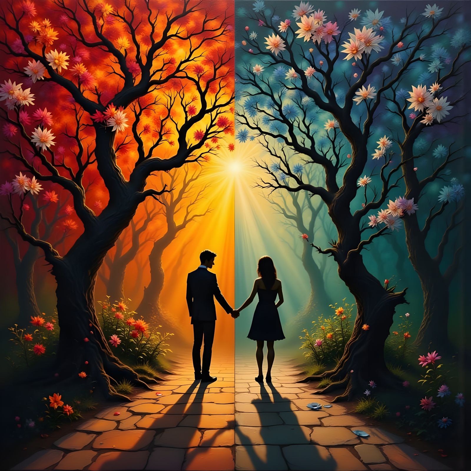 Figures in Dramatic Film Noir Style with Vibrant Bloom